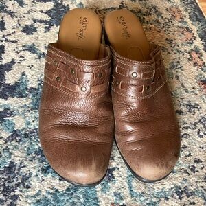 Brown Leather Slip-On Clogs